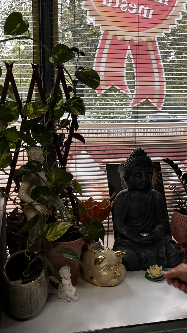 Buddha statue and plants by the window