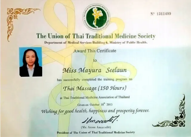 Certificate from The Union of Thai Traditional Medicine Society – Thai Massage, 150 hours (2013)